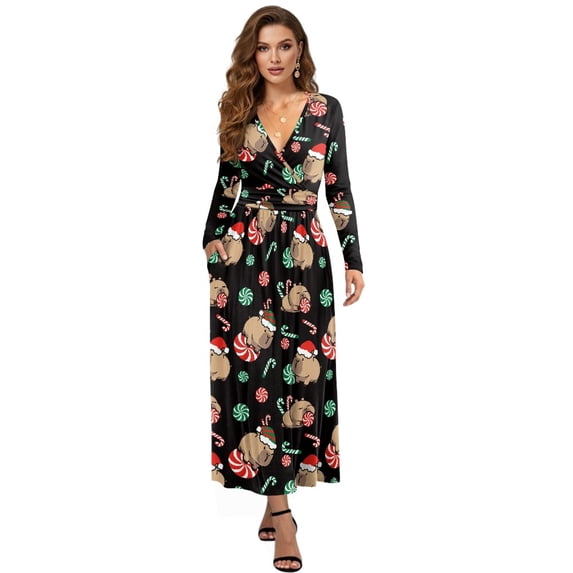 Tutolipy Capybara Printed Dresses for Women Long Sleeve Maxi Dresses V Neck A Line Dress Wedding Guest Holiday Beach Long Dress, S