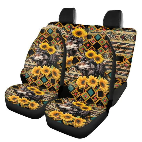 Tutolipy Car Seat Cover Full Sets, Wolf Sunflower Aztec Printed Car Front Rear Seat Cover Protector, All Weather Car Seat Protection, Universal Fits for Most Cars SUV Truck Sedan, Set of 4