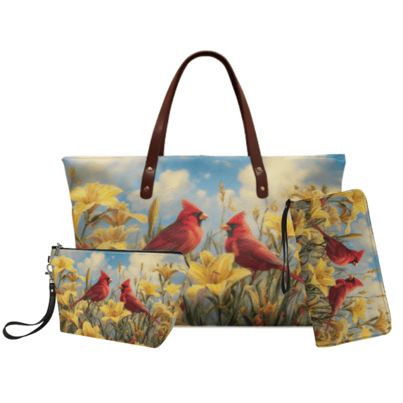Tutolipy Cardinal Lily Print 3 Pcs Convenient Handbag Set for Female, Versatile Portable Beauty Makeup Bag for Daily Shopping Outdoor