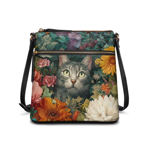 Tutolipy Cat Floral Crossbody Bag Ladies’ Leather Crossbody Shoulder Purse, Versatile Lightweight Women's Crossbody Bag Adjustable Strap for Daily Outings Travel