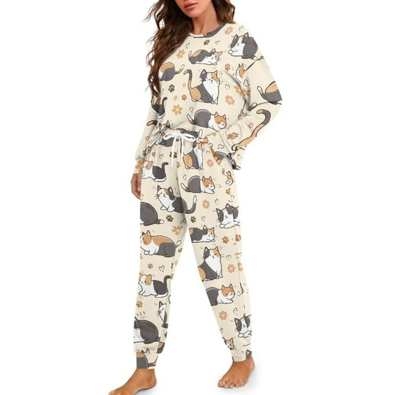 Tutolipy Cat Floral Printed Pajama Set for Women Crewneck Sleepwear Cozy Pjs Set Long Sleeve Shirt and Pajama Pants Lounge Sets, S