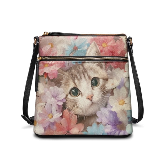 Tutolipy Cat Flower Art Durable Crossbody Purse for Travel Work, Waterproof Waterproof Design Satchel Bag Smooth Zipper Women's Crossbody Bag