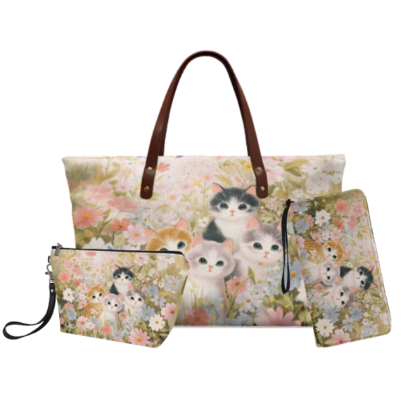 Tutolipy Cat Flower Print 3 Pieces Handbag Set for Ladies, Fashion Comfort Handle Wrist Wallet with Wear Resistant Beauty Pouch for Shopping