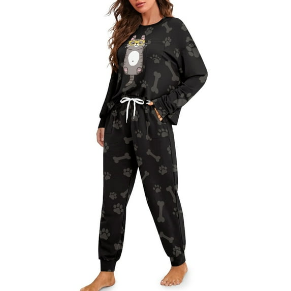 Tutolipy Cat Printed Drawstring Pajamas for Women Cozy Sleepwear Pjs Set Crewneck Loungewear Long Sleeve Tops Jogger Pants Pajama Sets, L