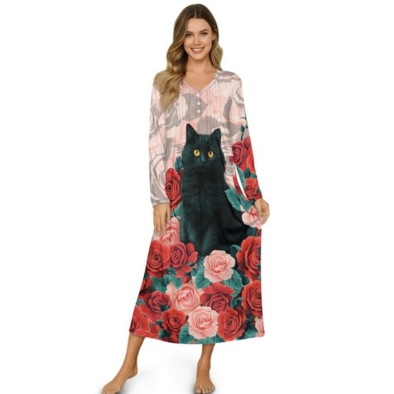 Tutolipy Cat Rose Printed Nightgowns for Women Plus Size Sleepwear V Neck Loungewear Long Sleeve Night Dress for Home, L