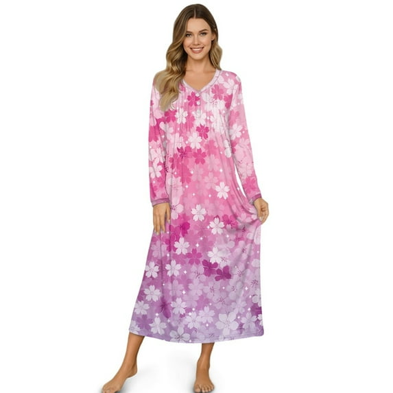 Tutolipy Cherry Blossom Printed Women Nightgowns V Neck Sleepwear Long Sleeve Nightshirts Breathable Loungewear for Home, 2XL