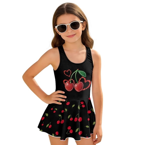 Tutolipy Cherry One Piece Swimsuit, Wide Straps Bathing Suit, Fashion for Summer, Size 6-7 Years