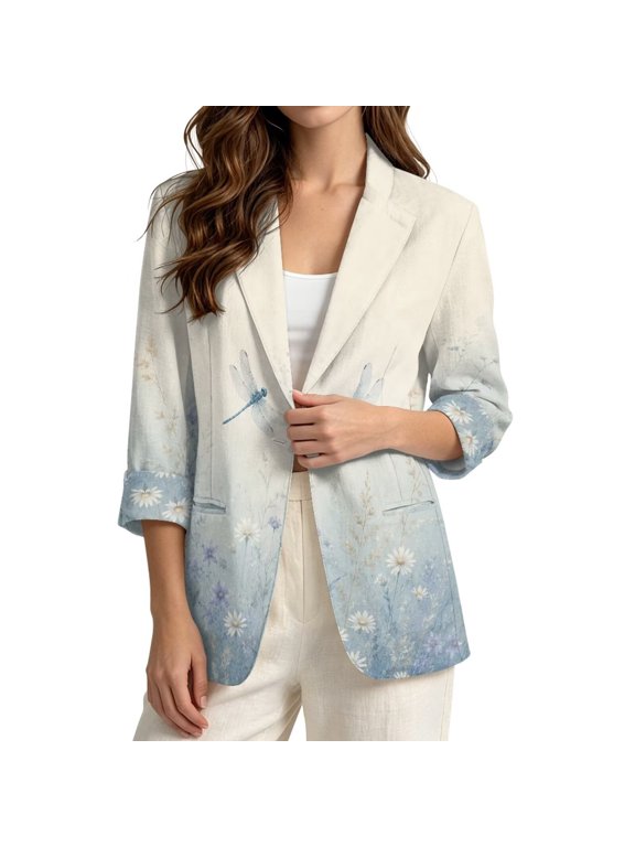 Chic Casual Workwear Blazer Women Autumn Lapel Jacket,XX-Large Watercolor Dragonfly Daisy Gradient Print Linen Like Open Front 3/4 Cuffed Sleeve Suit Blazer with Pockets Work Stylish Look