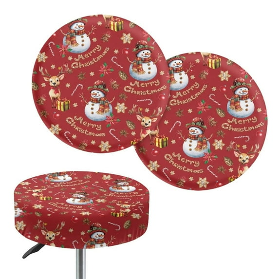 Tutolipy Christmas Bar Stool Covers Round Set of 2, Snowman Deer Print Stool Cushion Slipcover for Rooms Decor, Elastic Edge Removable Anti-Slip Stool Seat Covers for Bar Cafes