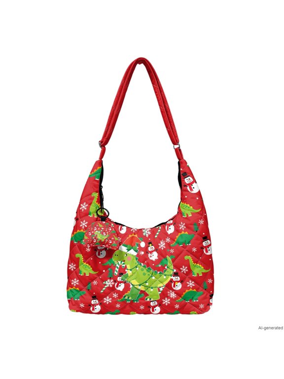 Christmas Dinosaur Print Padded Hobo Purse for Women Large Capacity Crossbody Bag with Matching Mini Pendant Adjustable Strap for Holiday Outings Daily Commute Festive