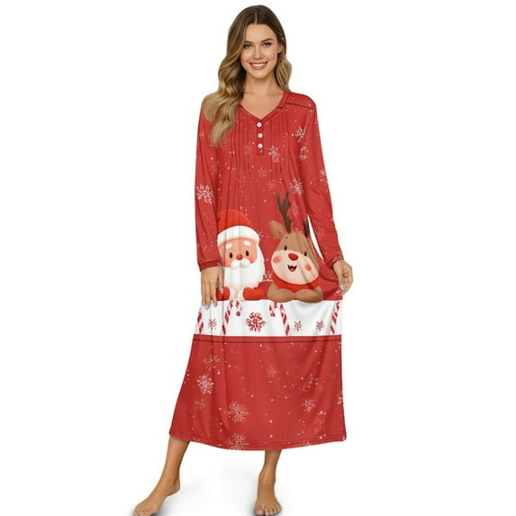 Tutolipy Christmas Nightgowns for Women Long Sleeve Loungewear Santa Claus Elk Printed V Neck Nightshirts Full Length Sleep Dress for Fall Winter, S