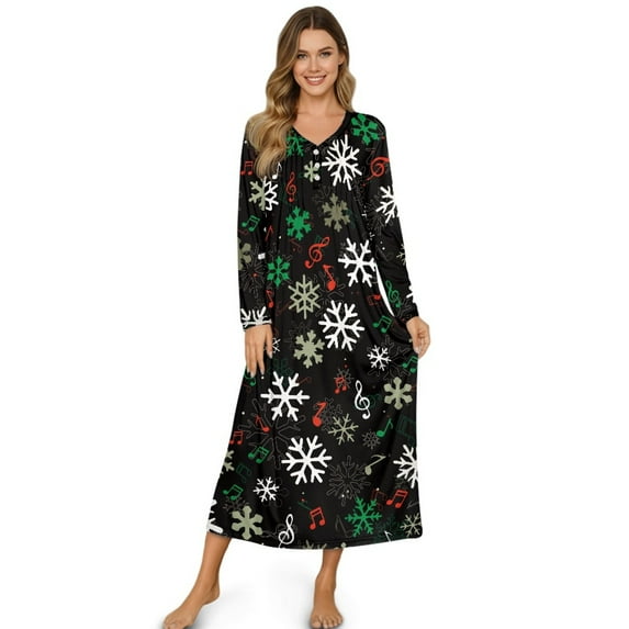 Tutolipy Christmas Nightgowns for Women Long Sleeve Sleepwear Snowflake Printed V Neck Loungewear Full Length Night Dress for Fall Winter, L