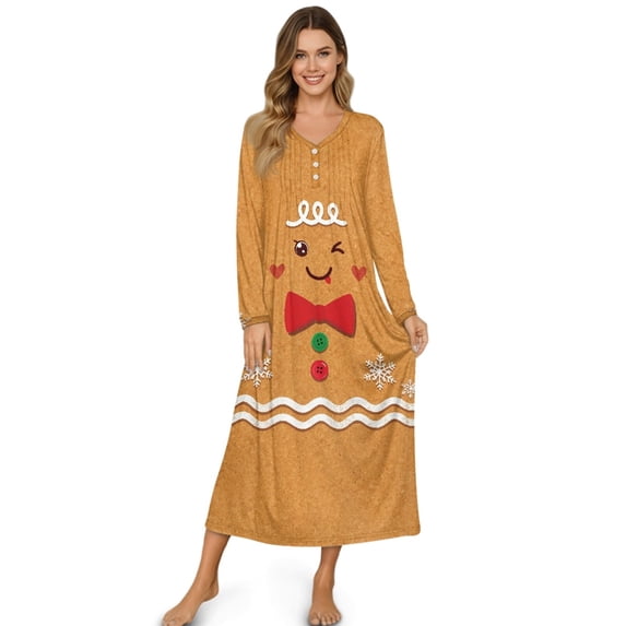 Tutolipy Christmas Nightgowns for Women Snowflake Printed Loungewear Long Sleeve Sleepwear V Neck House Dress, XL