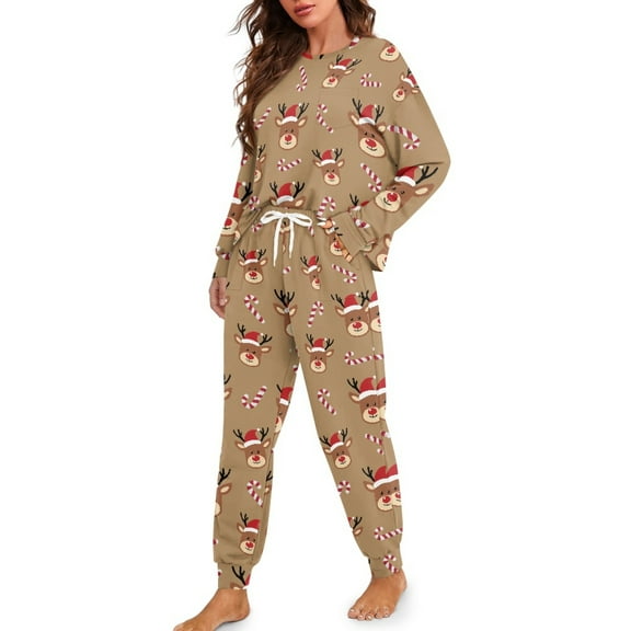 Tutolipy Christmas Pajama Set for Women Elk Printed Sleepwear Crewneck Pjs Set Long Sleeve Shirt and Pajama Pants Lounge Sets, L