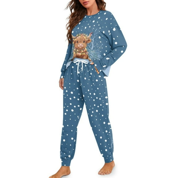 Tutolipy Christmas Pajama Set for Women Highland Cow Printed Pjs Set Cozy Sleepwear Crewneck Loungewear Soft 2 Piece Pjs Set for Home, M