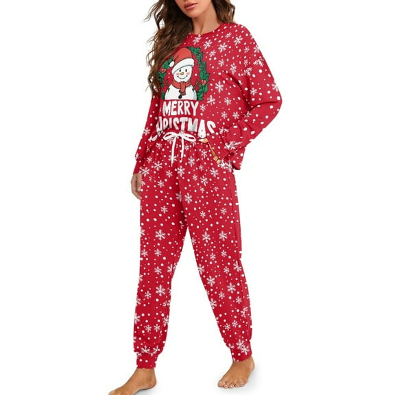 Tutolipy Christmas Pajama Set for Women Snowman Snowflake Printed Sleepwear Crewneck Pjs Set Long Sleeve Shirt and Pajama Pants Lounge Sets, S