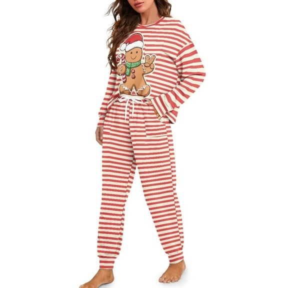 Tutolipy Christmas Pajamas for Women Biscuit Stripe Printed Pjs Set Crewneck Sleepwear Long Sleeve Tops Jogger Pants Pajama Sets, S