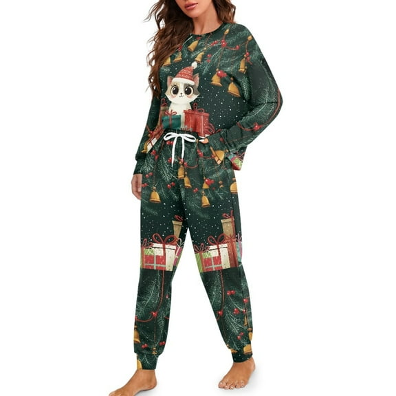 Tutolipy Christmas Pajamas for Women Cat Printed Sleepwear Cozy Pjs Set Long Sleeve Tops Jogger Pants Pajama Sets, M