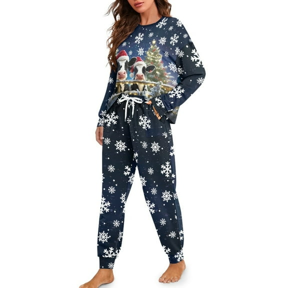 Tutolipy Christmas Pajamas for Women Cow Snowflake Printed Pjs Set Crewneck Sleepwear Long Sleeve Tops Jogger Pants Pajama Sets, XL