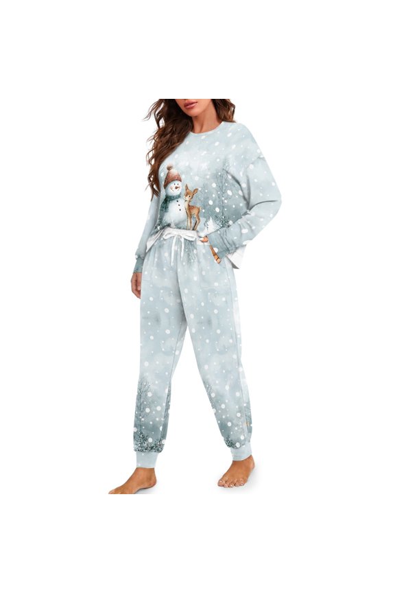 Christmas Pajamas for Women Snowman Elk Printed Sleepwear Cozy Pjs Set Snowflake Printed Loungewear with Pockets, M