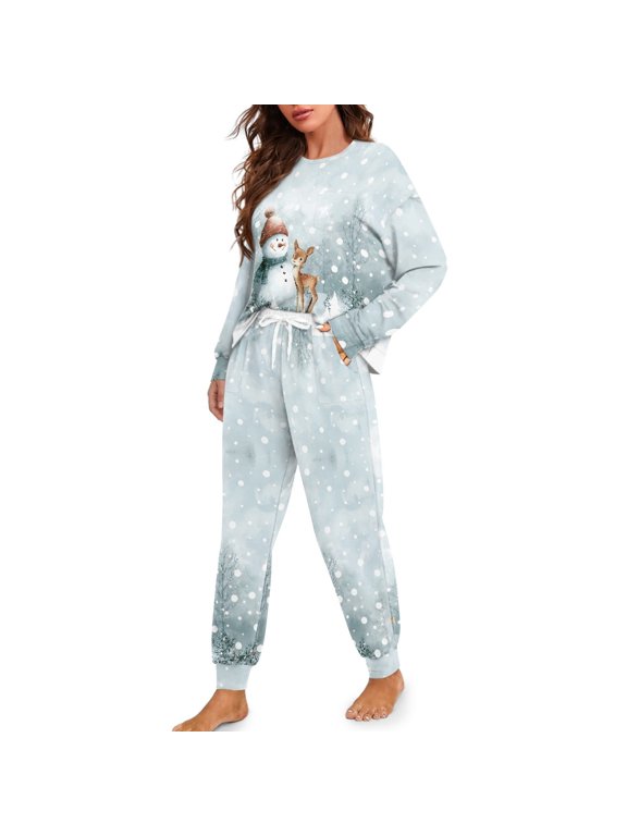Christmas Pajamas for Women Snowman Elk Printed Sleepwear Cozy Pjs Set Snowflake Printed Loungewear with Pockets, M