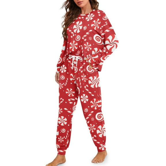 Tutolipy Christmas Pjs Set for Women Lollipop Printed Pajama Soft Sleepwear Crewneck Loungewear Soft 2 Piece Pjs Set for Home, S