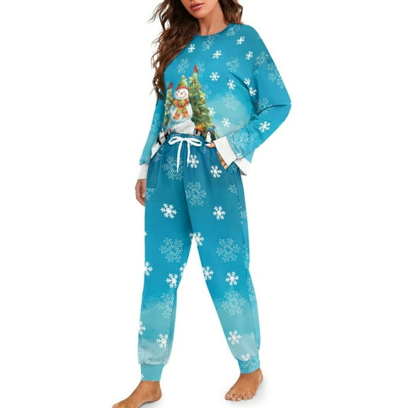 Tutolipy Christmas Pjs Set for Women Snowman Snowflake Printed Sleepwear Drawstring Pajamas Long Sleeve Shirt and Pajama Pants Lounge Sets, L