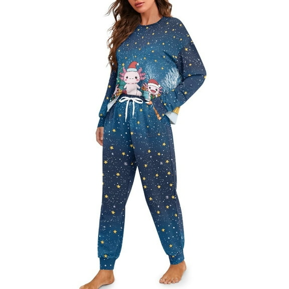 Tutolipy Christmas Pjs Women Sleepwear with Pockets Axolotl Star Printed Pajama Cozy Nightwear with Pockets Crewneck Loungewear for Home, L