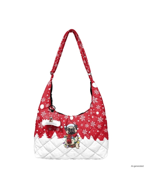 Christmas Pug Pattern Padded Hobo Purse for Women, Large Capacity Quilted Shoulder Crossbody Bag with Matching Pendant Adjustable Strap for Winter Holiday Shopping Daily