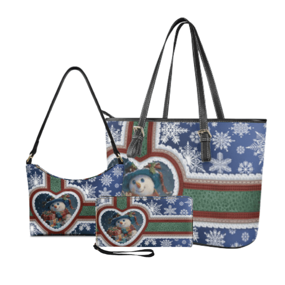 Tutolipy Christmas Snowman Pattern 3 Piece Hobo Bag for Women, Lightweight Zipper Shoulder Bag, Purse Clutch for Work Outdoor Activities