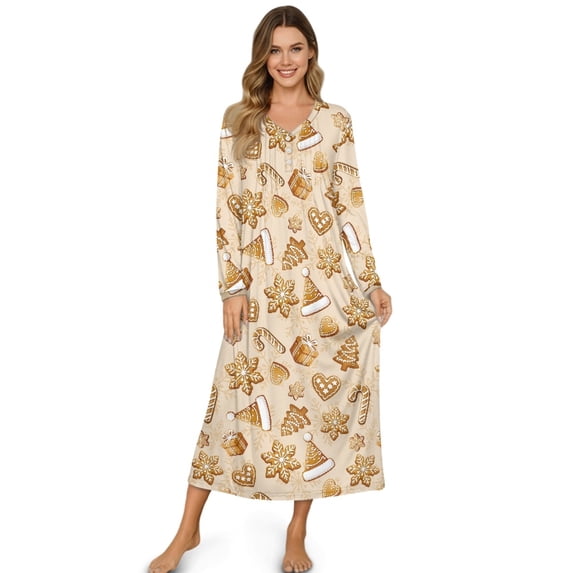 Tutolipy Christmas Tree Printed Nightgowns for Women Snowflake Printed Sleepwear Full Length Loungewear Long Sleeve Night Dress, S