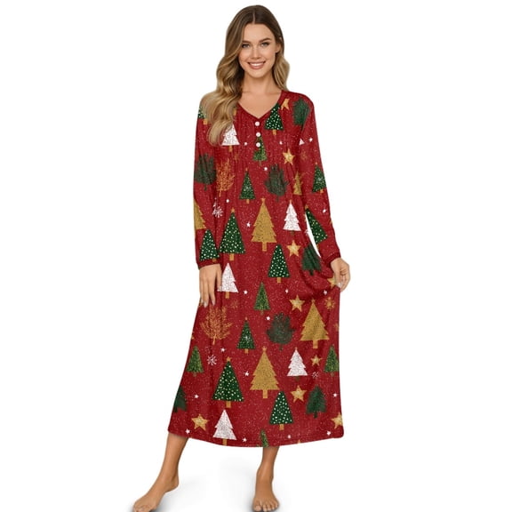 Tutolipy Christmas Tree Printed Nightgowns for Women Star Printed Loungewear V Neck Sleepshirts Full Length House Dress for Home, 2XL
