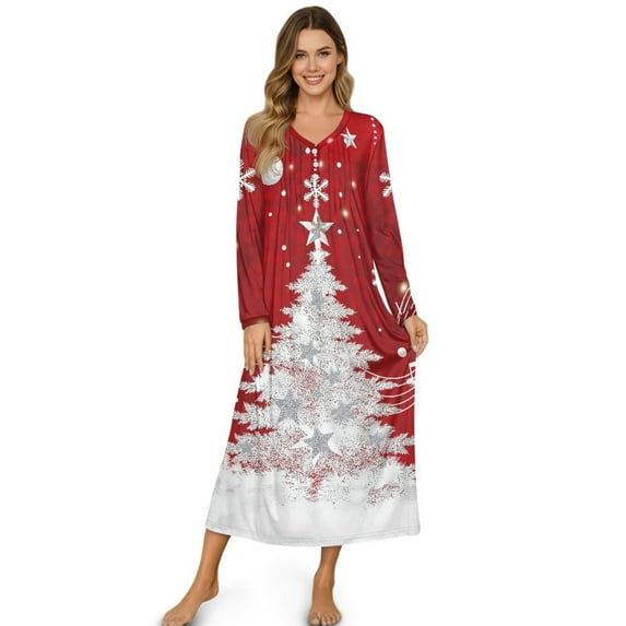Tutolipy Christmas Tree Printed Nightgowns for Women Star Printed Sleepwear V Neck Loungewear Long Sleeve House Dress for Fall Winter, 2XL