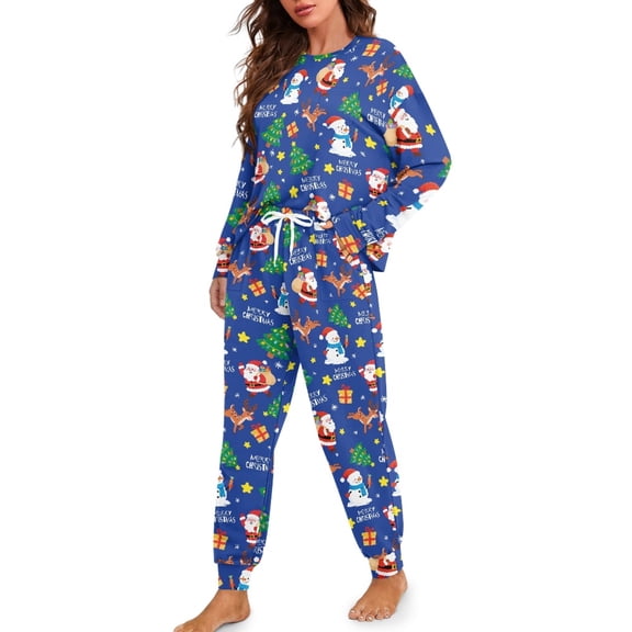 Tutolipy Christmas Tree Printed Pajamas for Women Snowman Printed Sleepwear Crewneck Pjs Set Long Sleeve Tops Jogger Pants Pajama Sets, S