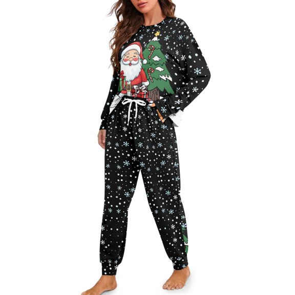 Tutolipy Christmas Tree Printed Pjs Set for Women Santa Claus Printed Sleepwear Drawstring Pajamas Long Sleeve Shirt and Pajama Pants Lounge Sets, 2XL