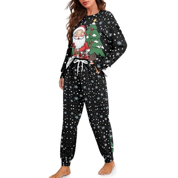Tutolipy Christmas Tree Printed Pjs Set for Women Santa Claus Printed Sleepwear Drawstring Pajamas Long Sleeve Shirt and Pajama Pants Lounge Sets, XL
