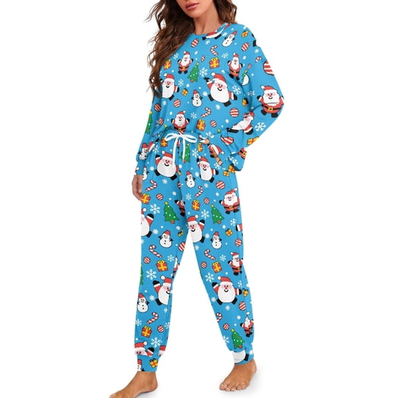 Tutolipy Christmas Tree Printed Pjs Set for Women Santa Claus Snowflake Printed Sleepwear Drawstring Pajamas Cozy Loungewear with Pockets, 2XL