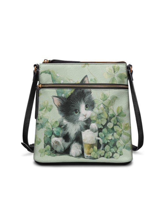 Clover Cat Pattern Satchel Bag, Adjustable Strap Sling Bag PU Leather Waterproof Shoulder Bag for Outdoor Activities Shopping