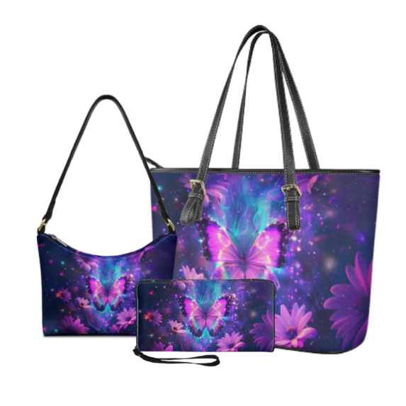 Tutolipy Colorful Butterfly Pattern 3 Pcs Hobo Bag for Women, Lightweight Shoulder Wallet, Zipper Personalized Design Shoulder Bag for Shopping