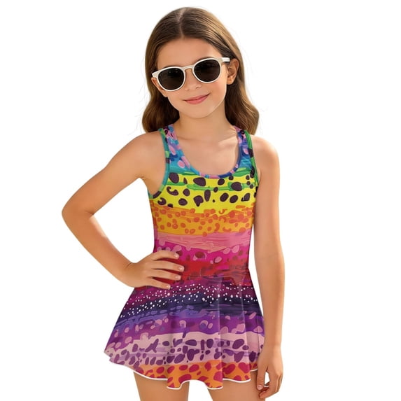 Tutolipy Colorful Print Girls One Piece Bathing Suit with Skirt, Comfort Childrens Swimwear, One-Piece for Beach, Size 3-4 Years