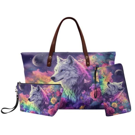Tutolipy Colorful Wolf Rose Print 3 Pcs Makeup Bag Set for Ladies, All Match Big Capacity Zip Wallet with Portable Shoulder Bag for Daily
