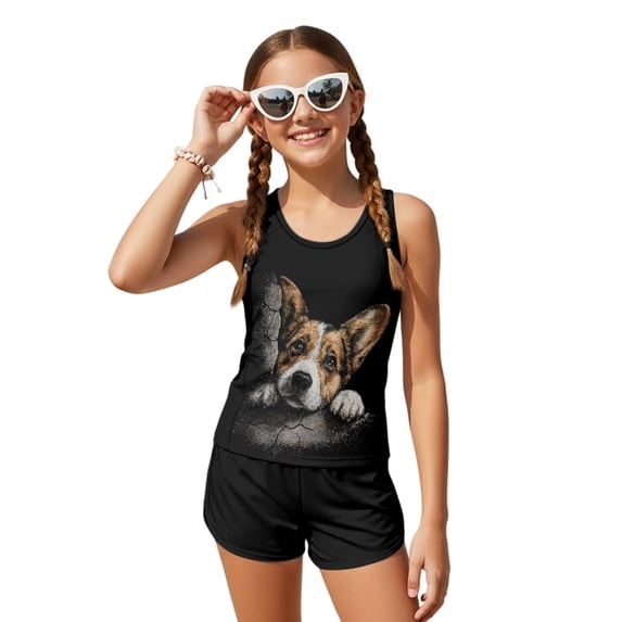 Tutolipy Corgi Print Design Girls 2-Piece Tankini Swimsuit Set, Sleeveless Removable Chest Pads Girls' Swim Shorts for Beach Summer Size 12-13 Year Old