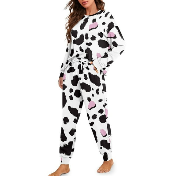 Tutolipy Cow Print Pjs Sets for Women Comfy Sleepwear Drawstring Pajama Long Sleeve Shirt and Pajama Pants Lounge Sets, 2XL