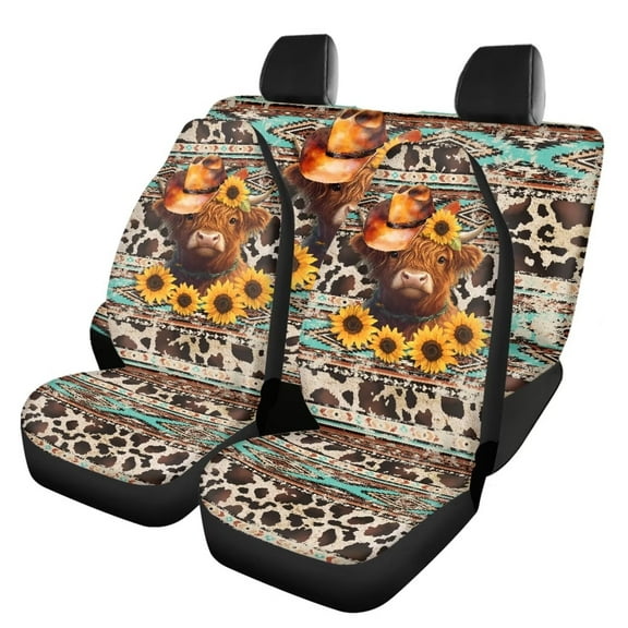 Tutolipy Cow Printed 4 Piece Car Seat Covers Full Sets, Aztec Sunflower Print Non Slip Car Seat Cover for Women Men, Comfortable Breathable Car Front and Rear Split Bench Protection, Easy to Install