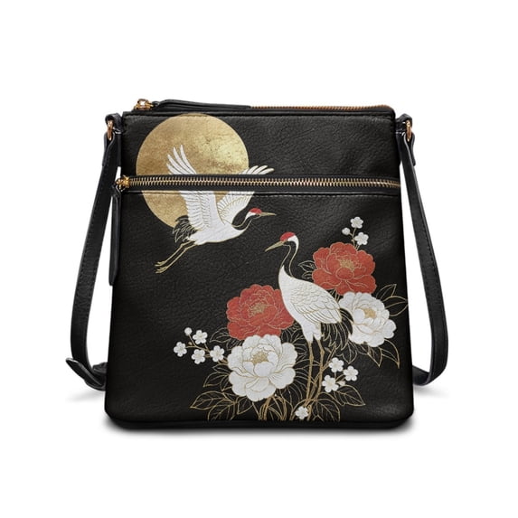 Tutolipy Crane Blossom Black Purse Satchel, Waterproof Sling Bag PU Material Lightweight Single Shoulder Bag for Work Outdoor Activities