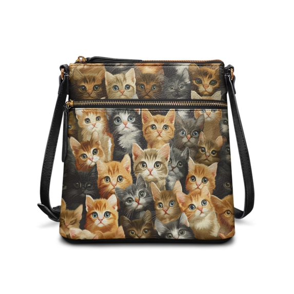 Tutolipy Cute Cat Faces Pattern Design Satchel Bag, Waterproof Purse Satchel PU Leather Smooth Zipper Crossbody Bag for Daily Storage Travel