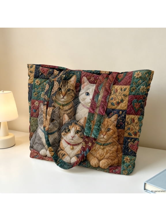 Cute Cats Print Quilted Tote Bag for Women Zipper Closure Multi-Pocket Large Capacity Shoulder Handbag for Work School Shopping Travel Daily Use