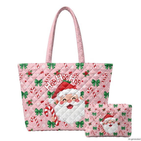 Tutolipy Cute Santa Claus Print Quilted Tote Bag Set with Small Pouch, Zipper Closure Spacious Women