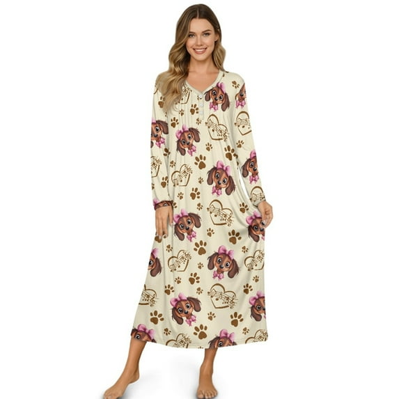 Tutolipy Dachshund Printed Nightgowns for Women Dog Paw Printed Loungewear V Neck Sleepwear Long Sleeve Nightshirts for Fall Winter, 2XL