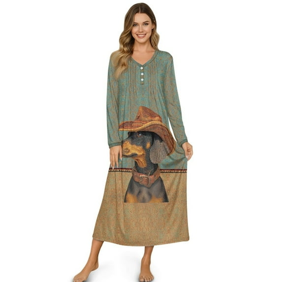 Tutolipy Dachshund Printed Nightgowns for Women V Neck Loungewear Long Sleeve House Dress Full Length Sleepwear for Fall Winter, XL